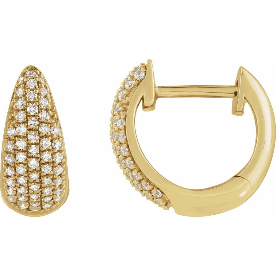 Gold earrings with diamond accents on a white background