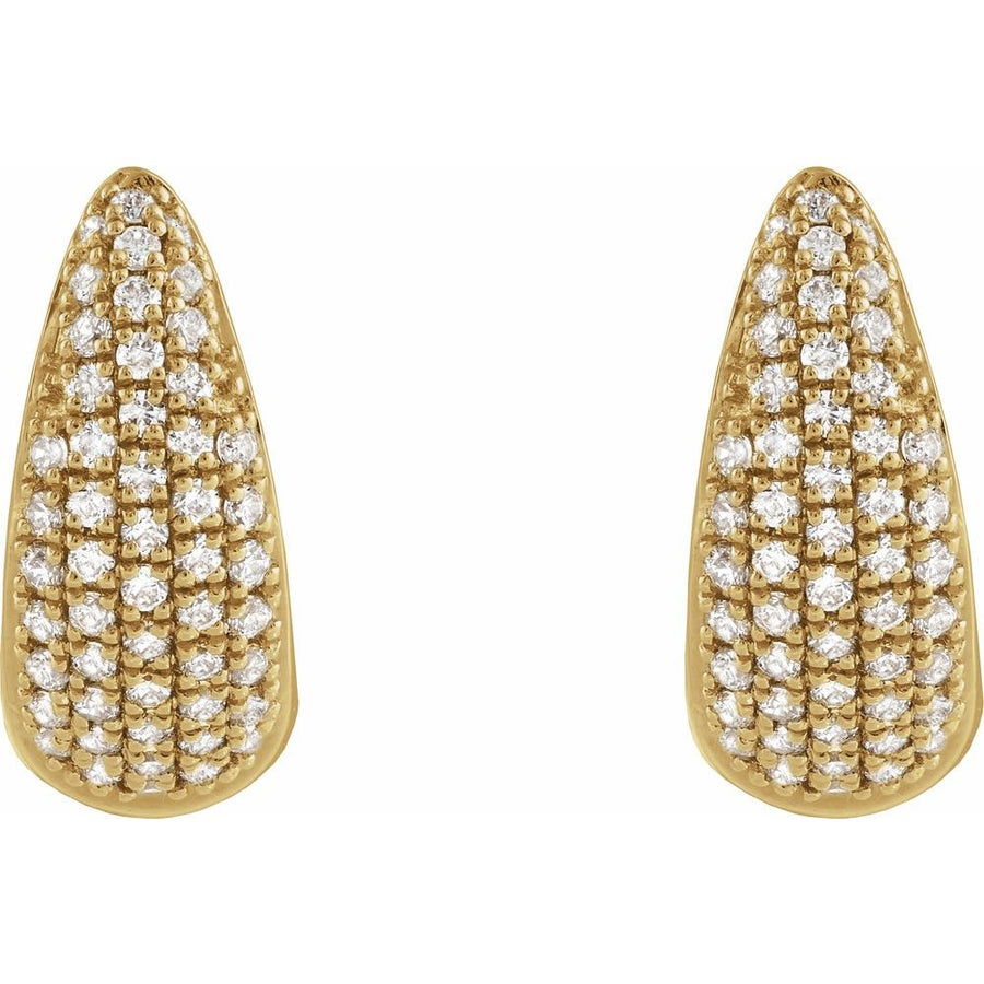 Gold earrings with diamond accents on a white background