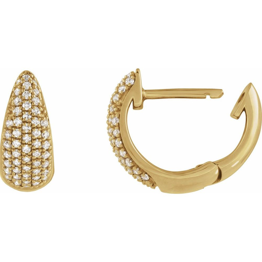 Gold hoop earrings with diamond accents on a white background